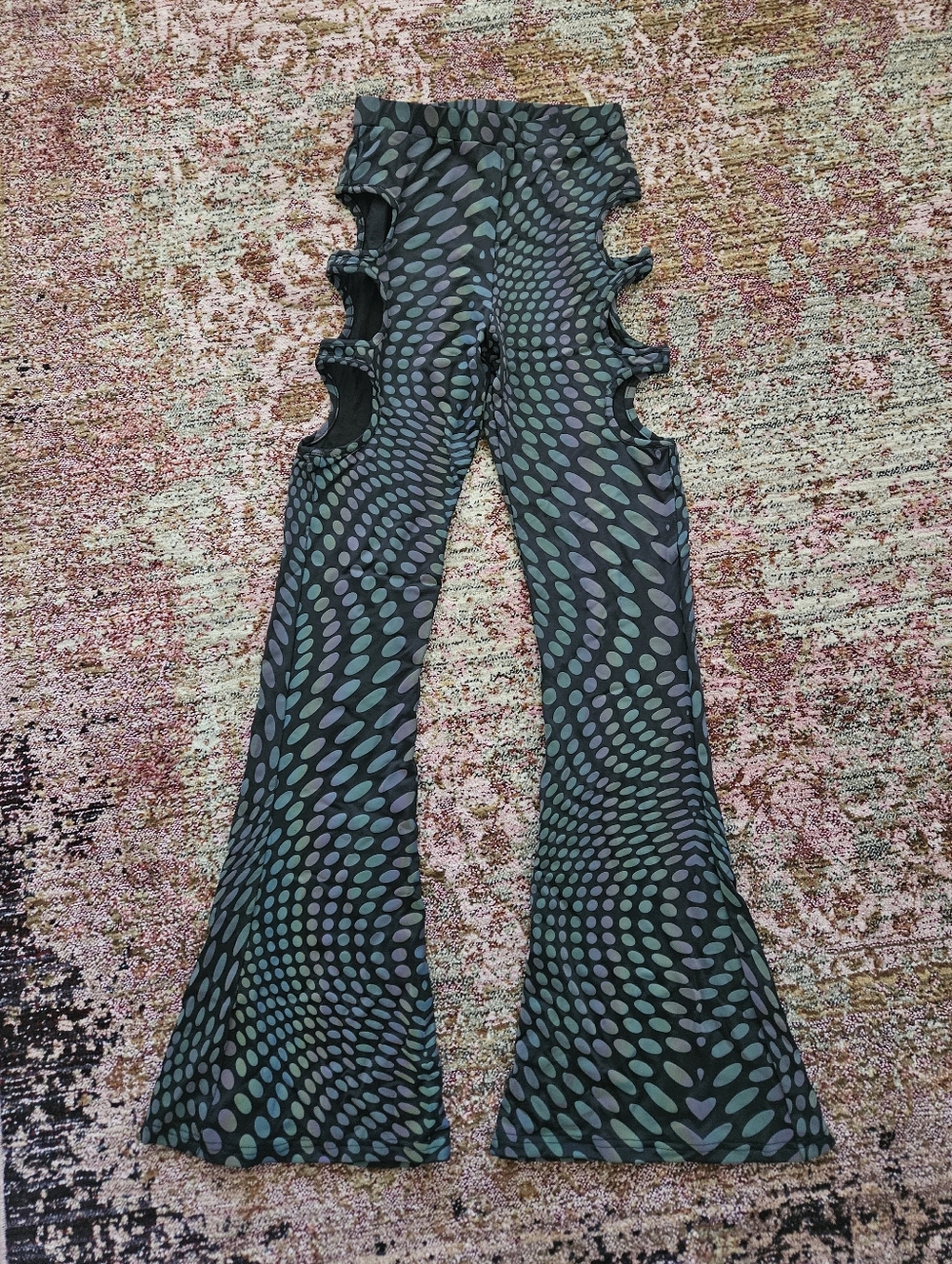 iHeartRaves Black & Teal Optical Dot Cut-Out Flared Pants